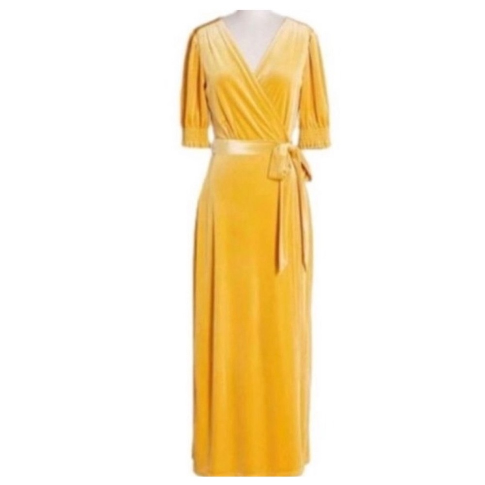 ModCloth Yellow velvet vintage short sleeves wrapped maxi dress